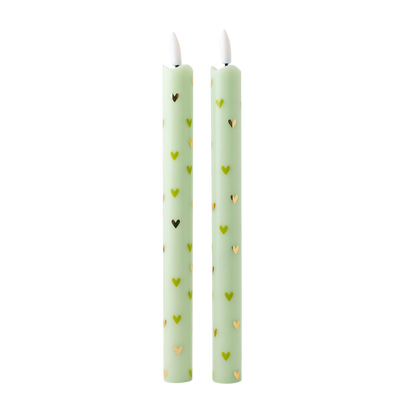 LED Pillar Candle Hearts Green RC - Set of 2