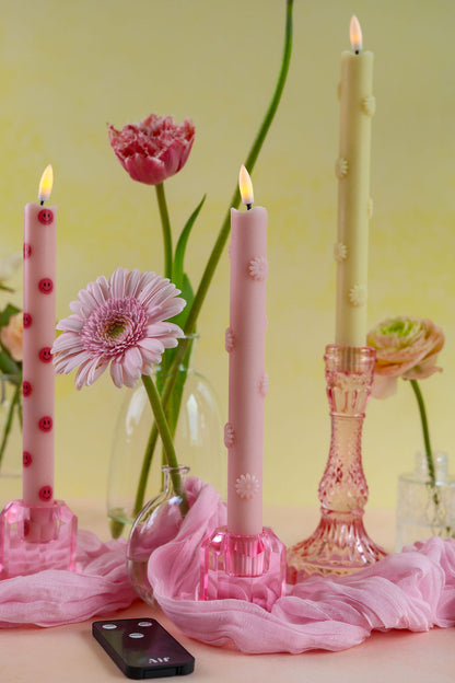 LED Pillar Kaars 3D Floral Pink RC - Set of 2